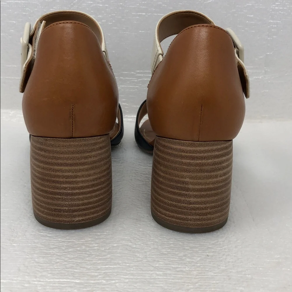 NEW Vionic Heels Chardonnay Tan Black Cream Leather Block Heel Adjustable Strap - Picture 3 of 13